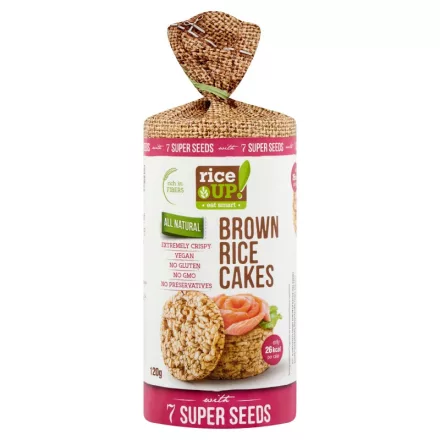 Rice Up, Puffasztott teljes kiőrlésű barna rizs szelet, 7 féle szupermaggal, 120g