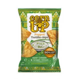   Corn Up, teljes kiőrlésű sárga kukorica Tortilla chips, hagymás tejfölös ízesítéssel, 60g